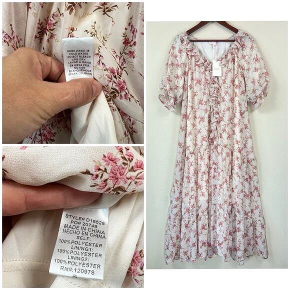 NWT Entro Floral Boho Cottagecore S Maxi Dress Ruffle Tiered Pink Cream - Picture 5 of 9